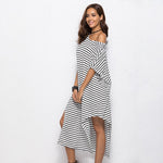 Irregular Stripe Sexy Beach Cotton Loose Off Shoulder Split Dress