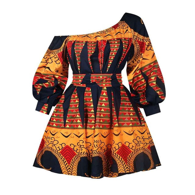 Women Dashiki Summer Print Asymmetrical Mini Dress