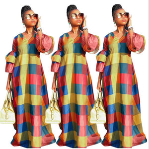 Dress, Dashiki With Colorful Plaid Lantern Sleeves