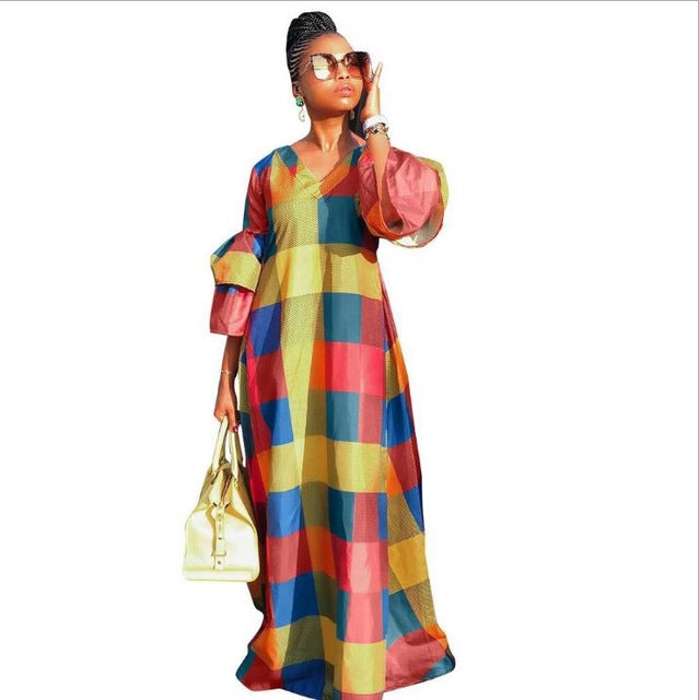 Dress, Dashiki With Colorful Plaid Lantern Sleeves