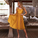 Women Elegant Backless Sleeveless Casual V Neck Ruffles Spaghetti Strap Lace  Dress