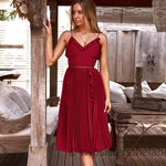 Women Elegant Backless Sleeveless Casual V Neck Ruffles Spaghetti Strap Lace  Dress