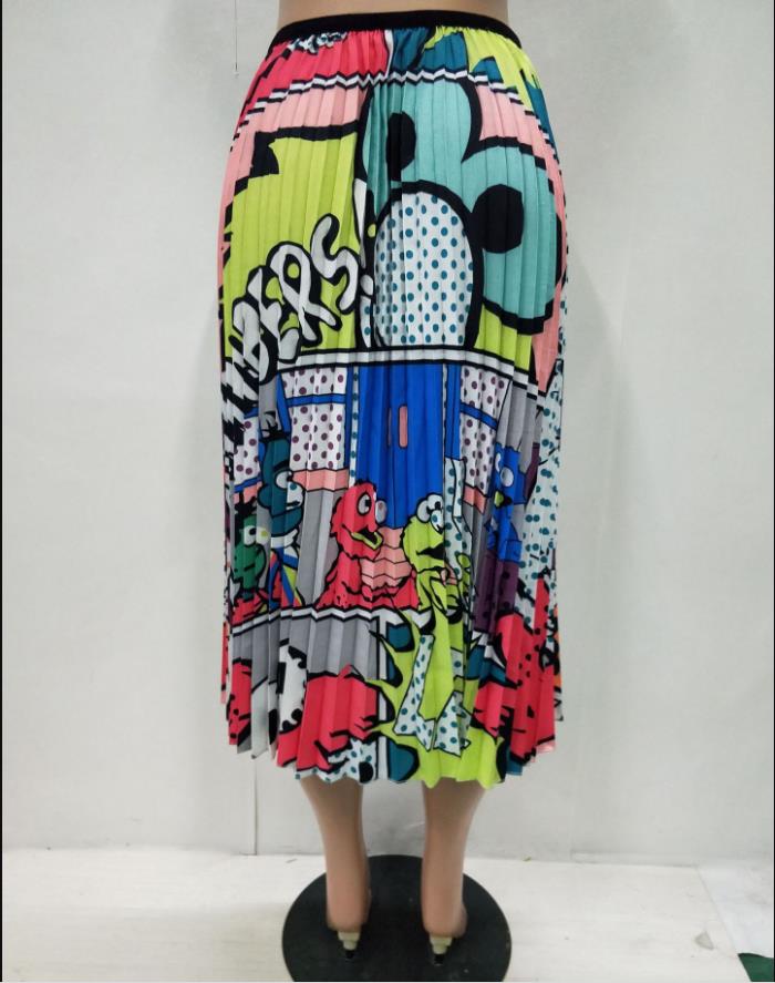 Women Vintage Cartoon Print Sexy High Waist Mid-Calf Length Pleated Skirts