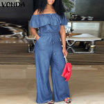 Womens Off The Shoulder Ruffles Denim Playsuits Plus Size Wide Leg Pants Trousers