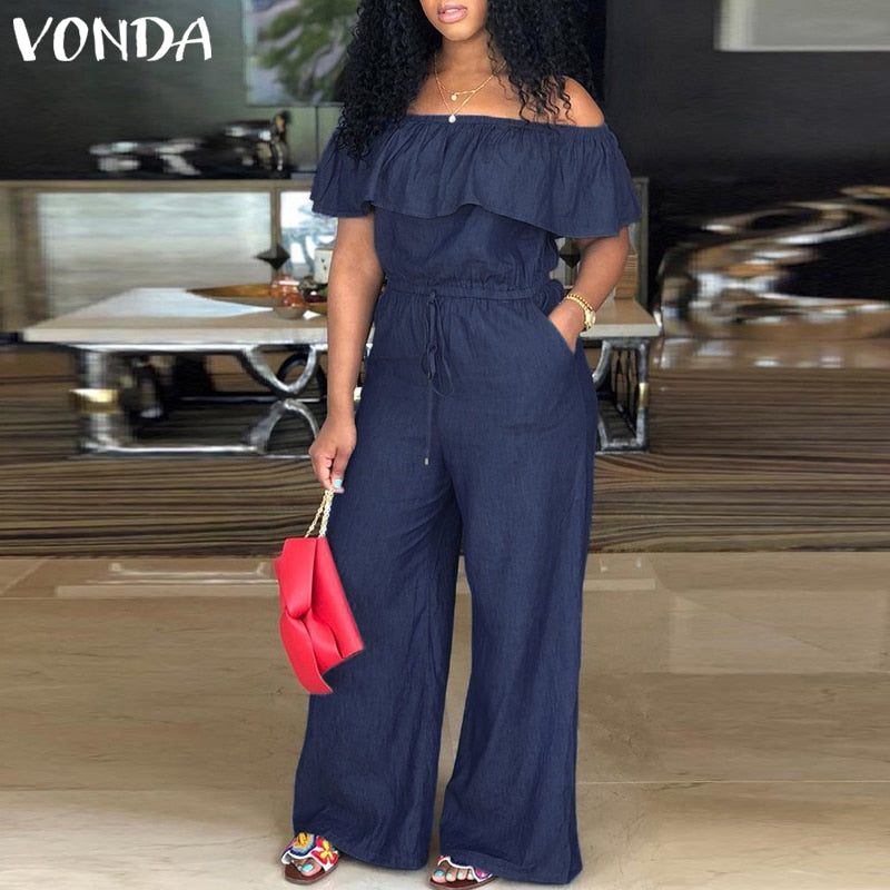 Womens Off The Shoulder Ruffles Denim Playsuits Plus Size Wide Leg Pants Trousers