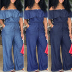 Womens Off The Shoulder Ruffles Denim Playsuits Plus Size Wide Leg Pants Trousers