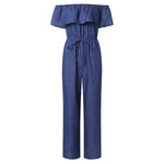 Womens Off The Shoulder Ruffles Denim Playsuits Plus Size Wide Leg Pants Trousers