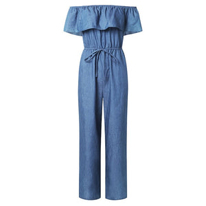 Womens Off The Shoulder Ruffles Denim Playsuits Plus Size Wide Leg Pants Trousers