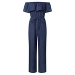 Womens Off The Shoulder Ruffles Denim Playsuits Plus Size Wide Leg Pants Trousers