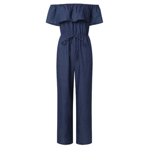 Womens Off The Shoulder Ruffles Denim Playsuits Plus Size Wide Leg Pants Trousers