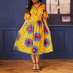 Women Elegant Yellow Boho Aline Lapel High Waist Floral Print Dress