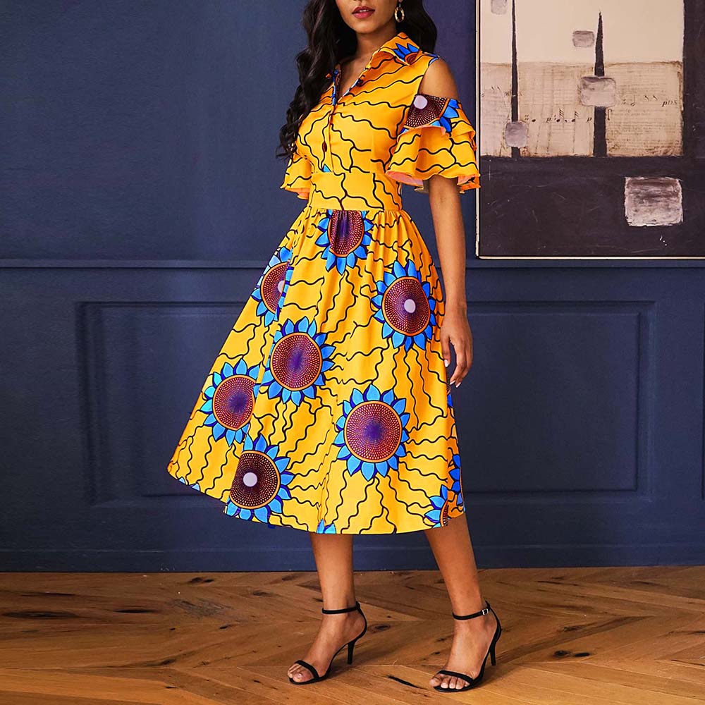 Women Elegant Yellow Boho Aline Lapel High Waist Floral Print Dress