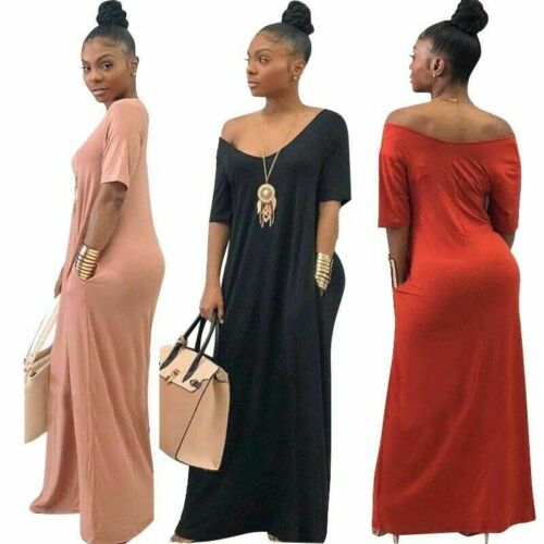 Women Solid Long Maxi Dress V Neck Pocket Short Sleeve Loose Solid Dresses Plus Size S-3XL