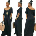 Women Solid Long Maxi Dress V Neck Pocket Short Sleeve Loose Solid Dresses Plus Size S-3XL