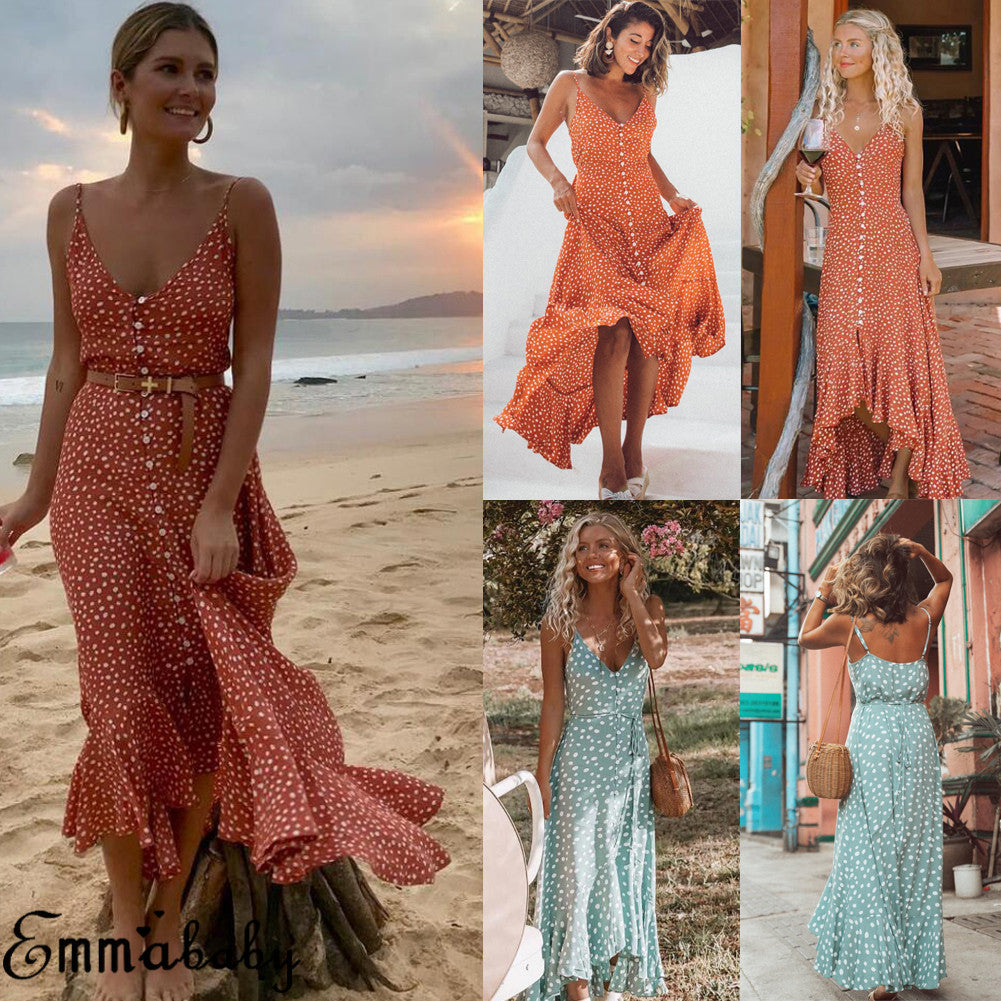 Women Dot Boho Long Maxi Party Summer Beach V neck Backless Sundress