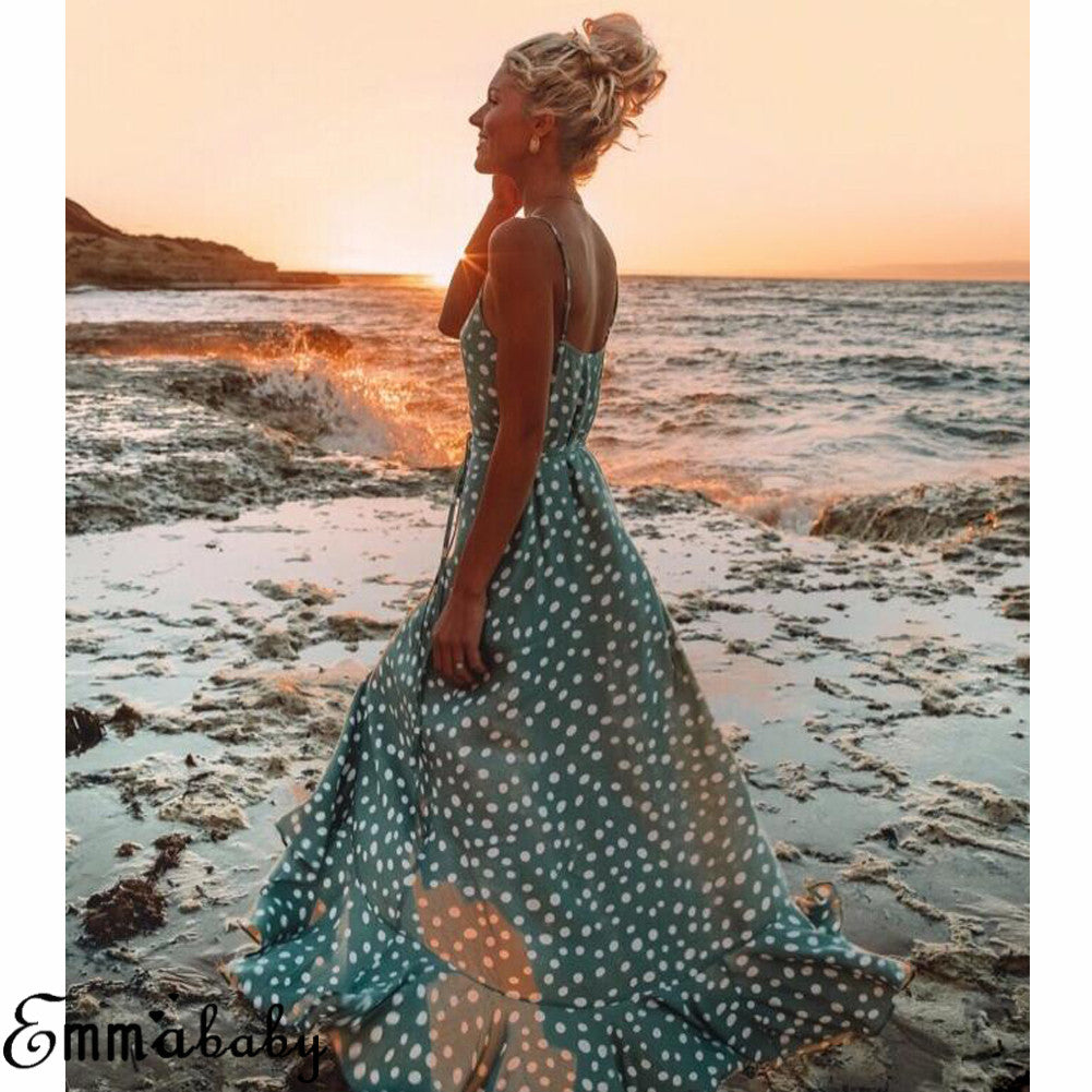 Women Dot Boho Long Maxi Party Summer Beach V neck Backless Sundress