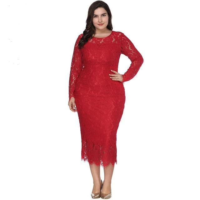 Elegant Women Plus Size White Lace O Neck Spring Party Dress