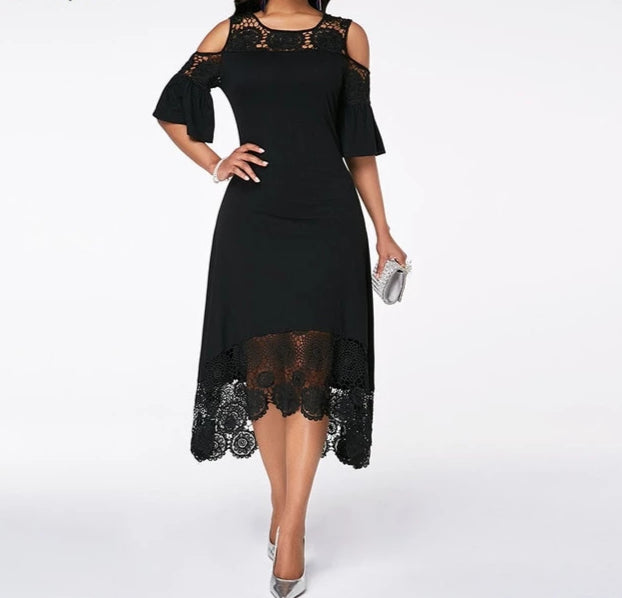 Women Cold Shoulder Flare Cuff Lace Panel  A-Line Mid-Calf Elegant Plus Size O-neck Dress