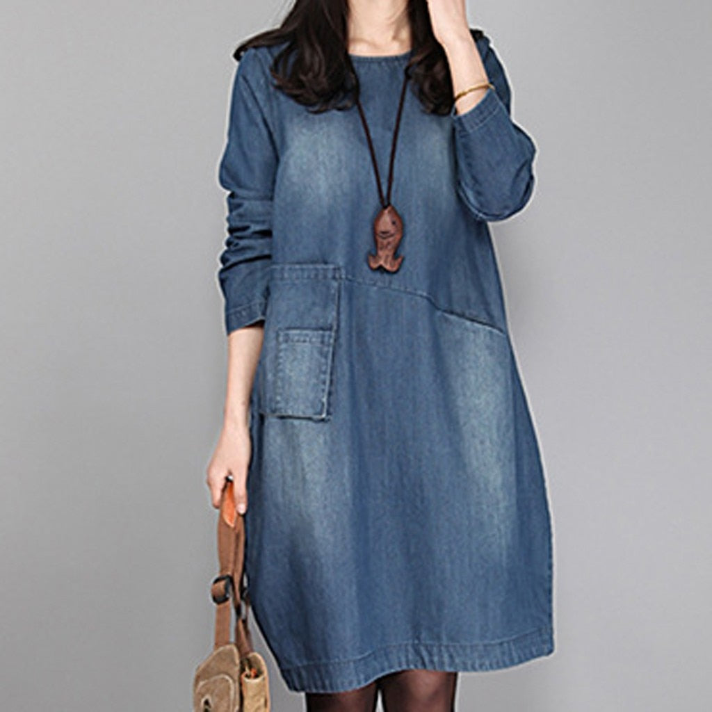 Fashion Women  Denim Dress knee Length Long Sleeve O-Neck Loose Dress Brand #000