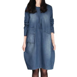 Fashion Women  Denim Dress knee Length Long Sleeve O-Neck Loose Dress Brand #000