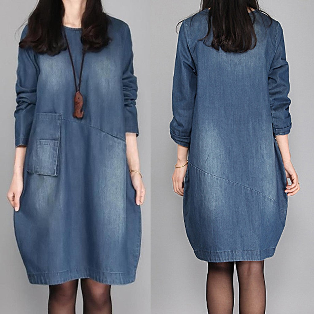 Fashion Women  Denim Dress knee Length Long Sleeve O-Neck Loose Dress Brand #000