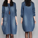 Fashion Women  Denim Dress knee Length Long Sleeve O-Neck Loose Dress Brand #000