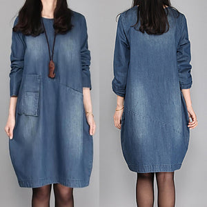 Fashion Women  Denim Dress knee Length Long Sleeve O-Neck Loose Dress Brand #000