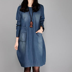 Fashion Women  Denim Dress knee Length Long Sleeve O-Neck Loose Dress Brand #000