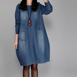 Fashion Women  Denim Dress knee Length Long Sleeve O-Neck Loose Dress Brand #000