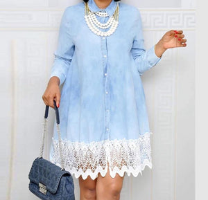 Women Lace Splicing Long Sleeve Button Design Turn Down Collar Above Knee Elegant Mini Dress