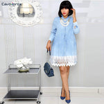 Women Lace Splicing Long Sleeve Button Design Turn Down Collar Above Knee Elegant Mini Dress