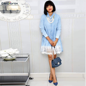 Women Lace Splicing Long Sleeve Button Design Turn Down Collar Above Knee Elegant Mini Dress