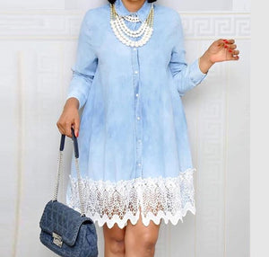 Women Lace Splicing Long Sleeve Button Design Turn Down Collar Above Knee Elegant Mini Dress