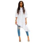 Women Autumn Half Sleeve Button Up White Shirt or Loose Casual Turn Down Collar Asymmetrical Dress